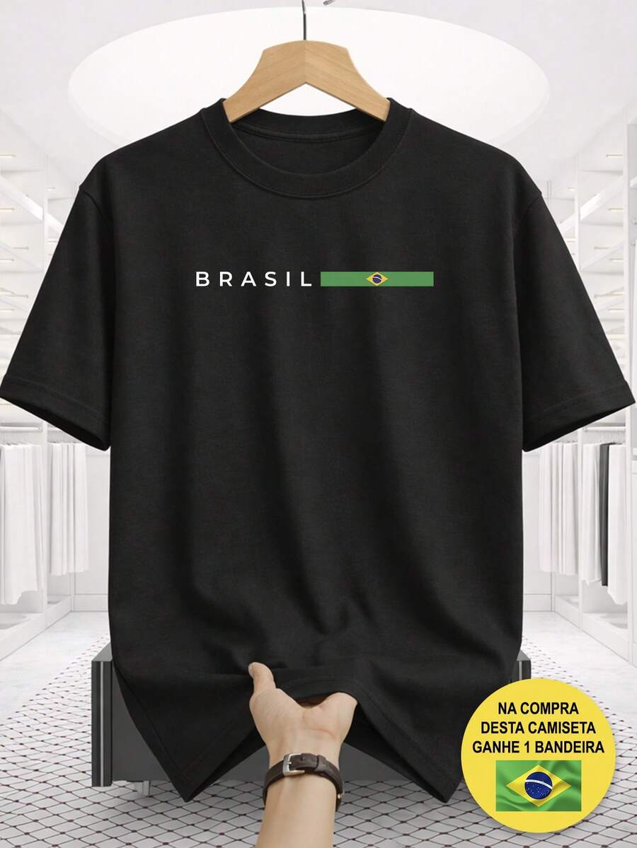 Brazil Unisex Minimalist T-Shirt With Brazilian National Team Flag Print For The World Cup – Basic Casual, Short Sleeve, 100% Cotton, Comfortable, Summer Streetwear Fashion, Urban Look - Includes A Free Flag - 黑色 - 查看 1