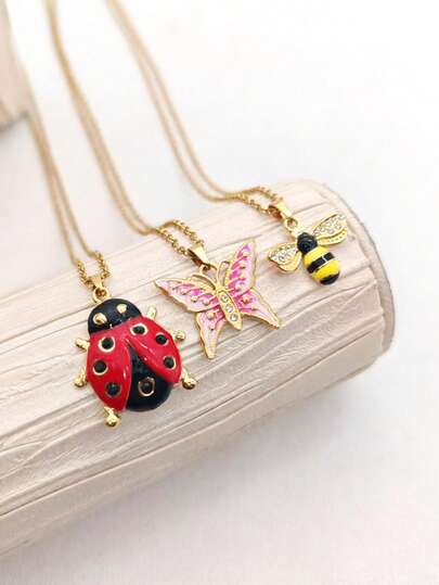 1 pieza Collar colgante de acero inoxidable chapado en oro de 18K con diseño de insecto, mariposa, abeja, mariquita, estilo minimalista y elegante, de moda y versátil