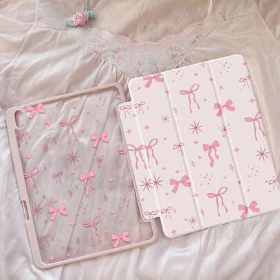 Funda trasera de acrílico transparente con cristal, resistente a golpes y duradera, con diseño de lazo rosa de dibujos animados, estrella y corazón a doble cara, adecuada para la 7ª, 8ª (10.2 pulgadas) y 10ª generación. Diseño con ranura para lápiz, función de suspensión/activación y soporte plegable. Regalo ideal para Año Nuevo 2026 y Navidad.