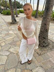 FOR BEAUTY Women's Spring/Summer Low Round Neck Long Sleeve Crochet Knit Sweater Top, Lightweight Loose Beach Cover-Up Casual Pullover Vacation White - White - View 4