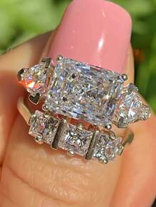 2pcs/Set Luxury White Gold Plated Women's Geometric Zirconia Elegant Fashion Wedding Rings, Valentine's Day Gift - Platinum - View 2