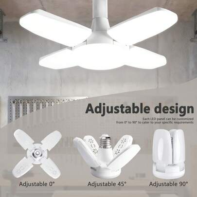 Kasotile 1 bóng đèn LED chiếu sáng nhà để xe kiểu "lá" độ sáng cao - Thiết kế gấp gọn 3 cánh đa chức năng; Cung cấp ánh sáng ấm (3000K) hoặc trắng lạnh (6000K); Chất liệu PC trắng; Đế E26; Điện áp hoạt động: 80V-265V. Lý tưởng để chiếu sáng bàn làm việc, xưởng và nhà để xe.