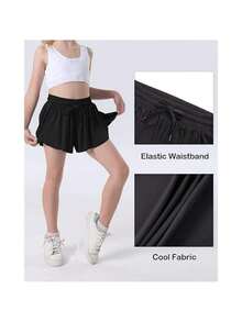 Workout Athletic Shorts For Womens 2 In 1 Double Layer Flowy Hem Running Shorts Biker Shorts Quick-Dry Drawstring High Waisted Gym Yoga Tennis Shorts Butterfly Skirt - Black - View 6