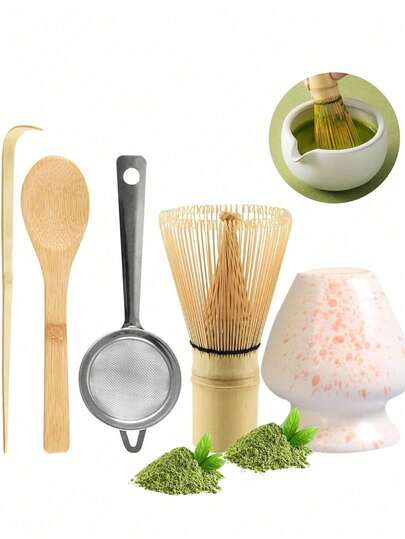3/4/5pcs Sakura Matcha Whisk Set - Japanese Matcha Bowl, Bamboo Matcha Whisk, Tea Strainer, Spoon, Sifter, Whisk Holder, Perfect Matcha Starter Kit For Matcha Tea Ceremony