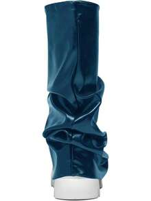 Women's Platform Round Toe Mid Calf Boots With Chunky Heel - Mid-blue - View 3