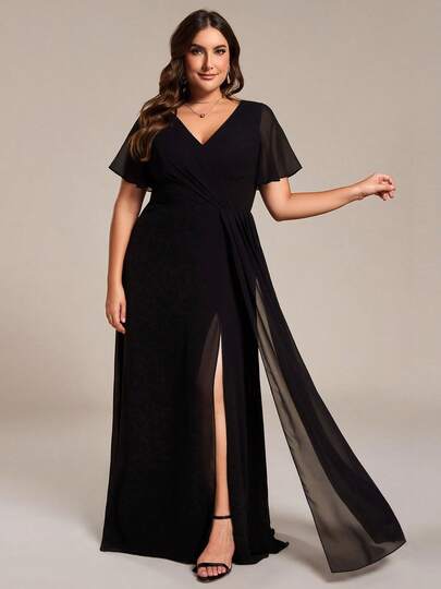 EVERPRETTY 大码V领荷叶边蝴蝶袖高开衩黑色伴娘礼服，适合婚礼、派对、春夏婚礼宾客、正式场合、度假礼服、新娘母亲礼服