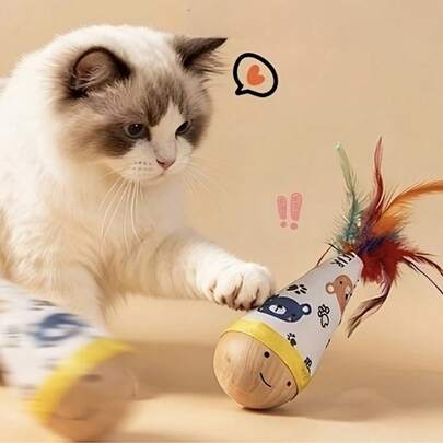Beechwood Roly Poly Toy, Feather Cat Teaser Stick, Scratch & Bite Resistant Self-Entertainment Pet Toy