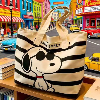 SNOOPY 1 Túi vải kẻ sọc, túi đeo vai dung tích lớn, thích hợp đi làm, đi chơi và du lịch, dễ thương và đa năng, món quà lý tưởng cho mùa tựu trường, sinh nhật, ngày Valentine và ngày của Mẹ.