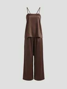 Bộ đồ nữ cao cấp màu nâu mocha thanh lịch, gồm áo hai dây satin rộng rãi, hở lưng, buộc dây và quần ống rộng, thích hợp cho mùa xuân/hè. - màu nâu - Xem 2