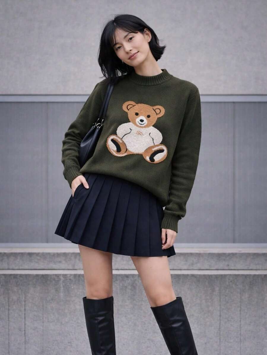 Mousse Bear Winter Blouse, Cute Teddy Bear Style - Verde militar - Ver 1