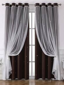 1 buah Tirai Motif Bintang, Cocok untuk Ruang Tamu & Kamar Tidur, Tirai Anti Cahaya, Dekorasi Liburan, Tirai Gaya Putri yang Lucu & Unik - Coffee Brown - View 6