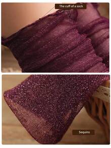 1双女士薄款蕾丝荷叶边透气中筒袜，适合搭配夏季连衣裙 - 酒紅色 - 查看 6