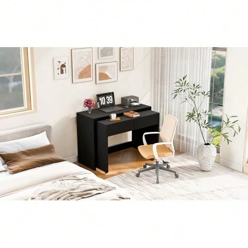 Shelf Desk + Chest Of Drawers - 2-In-1 Compact Desk, Extendable, The Entire Table Is Made Of 1.8 Cm Thick Wood, Equipped With Casters, Flexibly Combinable, Foldable Desk - Black - View 1