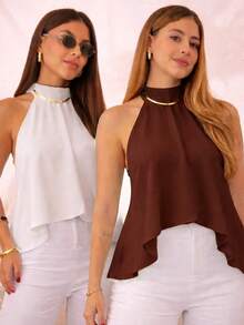 Women's Blouse With High Neck And Asymmetrical Neck Tie - 白色/棕色 - 查看 2