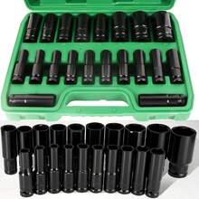20 Piece 1/2 Inch Drive Deep Impact Socket Set Sleek Black C-Hrome Finish For Ultimate Durability And Performance Heavy Duty Impact Sockets Ideal For Mechanic Tool Sets Complete Impact Socket Set, 8mm-32mm Deep 6-Point Set W/Case - A - View 1