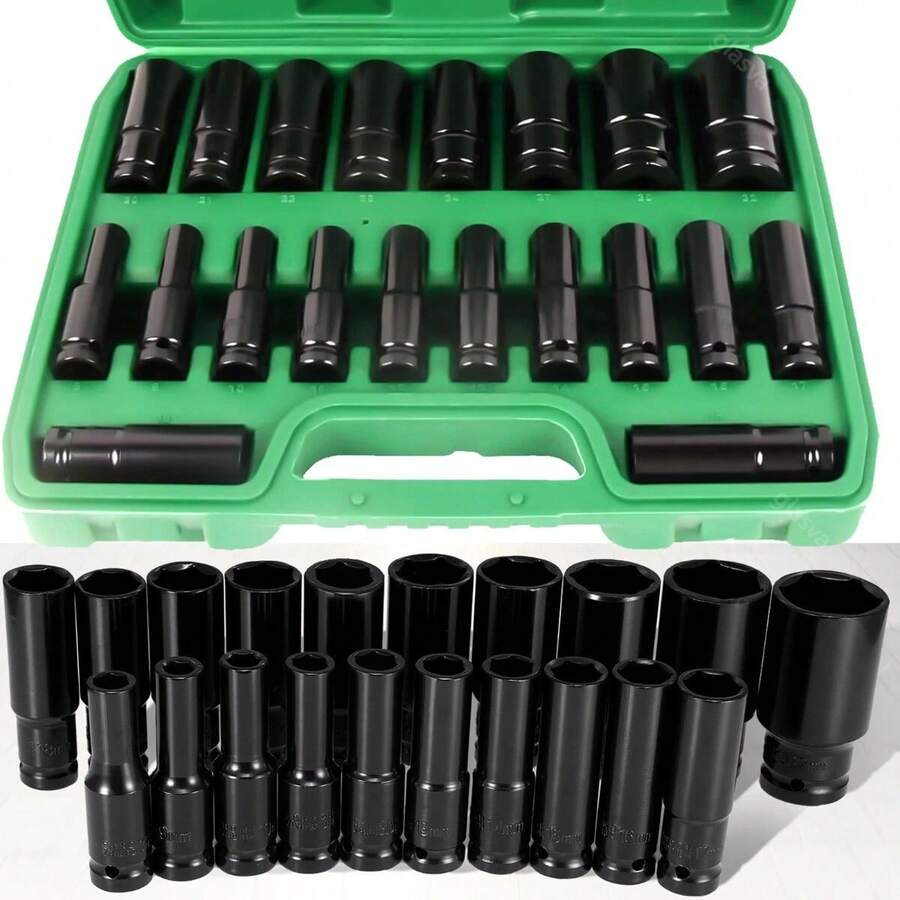 20 Piece 1/2 Inch Drive Deep Impact Socket Set Sleek Black C-Hrome Finish For Ultimate Durability And Performance Heavy Duty Impact Sockets Ideal For Mechanic Tool Sets Complete Impact Socket Set, 8mm-32mm Deep 6-Point Set W/Case - A - View 1