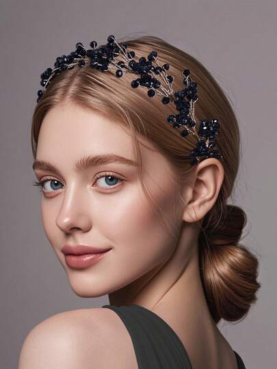 1pc Black Beaded Floral Headband, Elegant Women's Fashion Hair Accessory, Suitable For Wedding, Casual, Party, Daily Wear