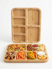 1pc Premium Bamboo Charcuterie Board, Minimalist Divided Serving Platter For Appetizers & Snacks, Stackable Wood Party Tray With Handles - View 1