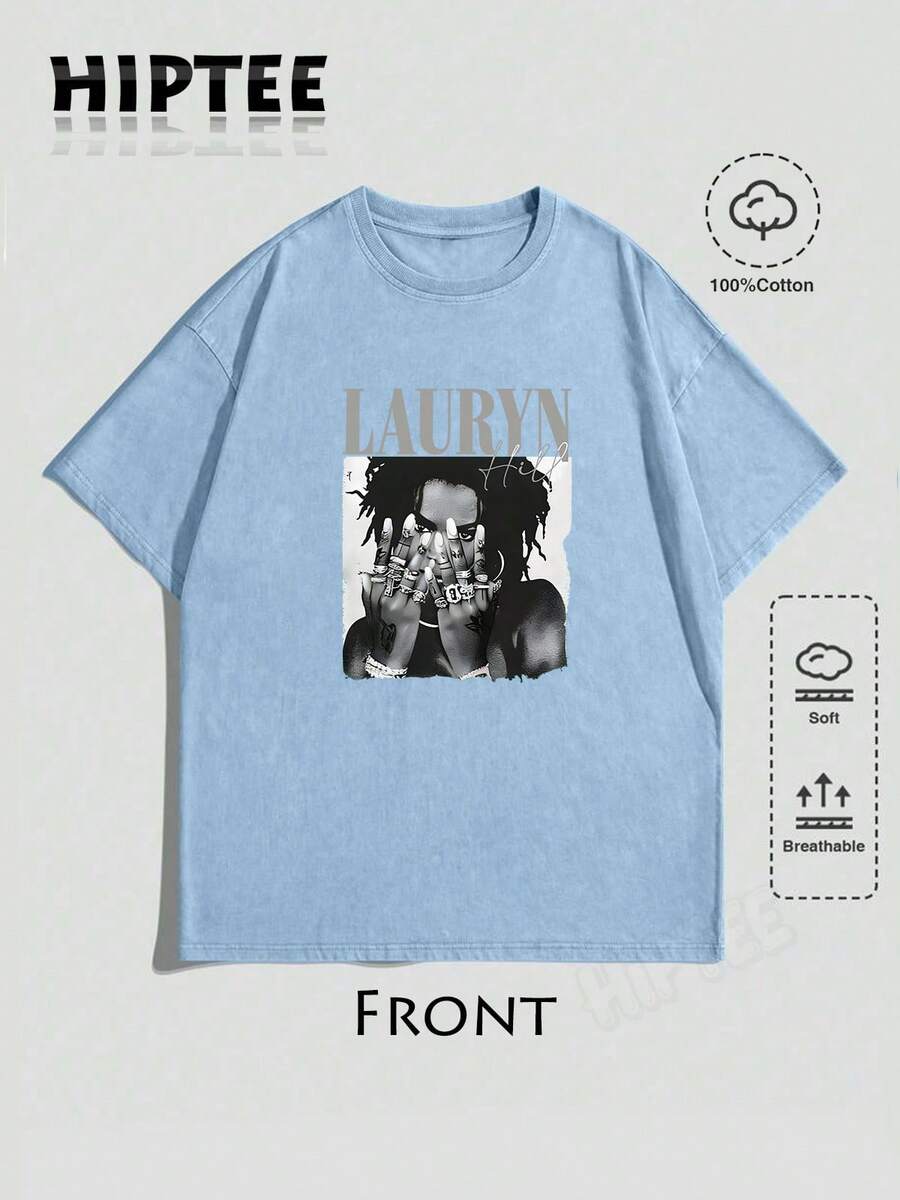 With Ring On Hand - 100% Cotton Women's T-Shirt Lauren Hill Letter Print Y2k Vintage Tee Casual Summer Plus Size Top - Niche Graffiti Prints Shirts - Washed-SkyBlue - 查看 1