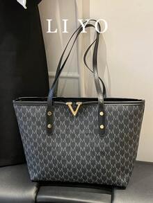 女士托特包，简约风格大容量单肩包，字母印花休闲通勤手提包 - 黑色 - 查看 2