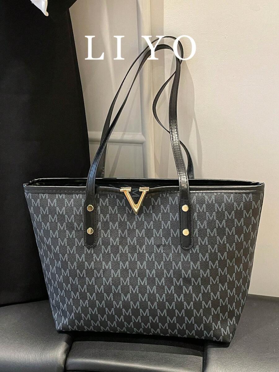 女士托特包，简约风格大容量单肩包，字母印花休闲通勤手提包