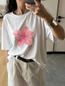 Women's Summer New Floral Print Round-Neck Short-Sleeve T-Shirt, Casual Loose Versatile Top, Fashionable Daily Wear White - White - View 8