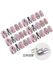 30片美甲贴片，短方形/裸粉色猫眼+芋紫色珠光+银星紫色钻石，完美融合清新与仙气，充满少女心和仙气，适合日常通勤、约会、春季穿搭等场合。 - 彩色 - 查看 3