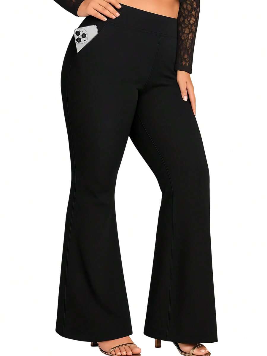1-Pack Women's High Waist Solid Black Gray Red Flared Leggings With Side Pockets, Tummy Control Yoga Pants For Fitness, Running, Workout, Casual Daily Wear, Comfy Stretch Sport Pants - 1 chiếc (màu đen) - Xem 1