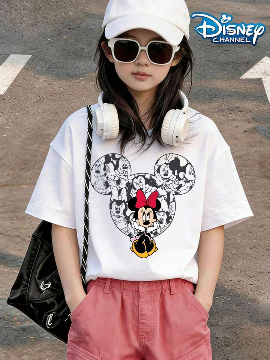 The Outline Of Disney Mickey Mouse's Head Is Full Of Minnie's Portrait, With A Three-Dimensional Minnie Image In The Center, Retro And Cute Print Pattern Summer Tops,Short-Sleeved Casual And Cute Style Children's Clothing Design,Summer Outfits ,Girl Clothes For Kids ,Ropa Para Niños,Teen Girls Clothes,Kids Clothes,Graphic Tee, Summer Clothes,Perfect For Cool Girls. Comfortable And Breathable Children's Short-Sleeved T-Shirt. Comfortable And Casual Wear All Year Round Children's Clothes,Comfortable & Lightweight, Iconic Print For Mix-And-Match Outfits,Suitable For Both Boys And Girls. - White - View 1