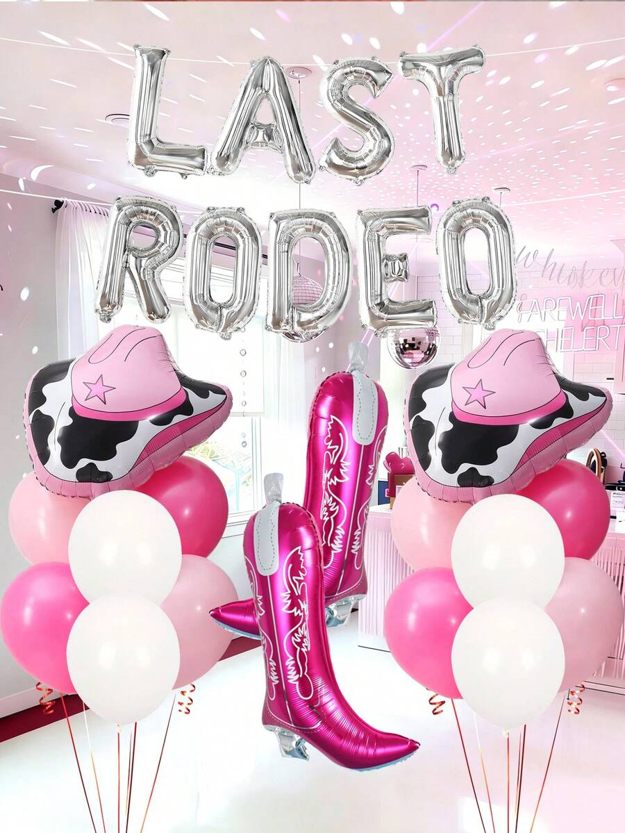 28件組牛仔主題氣球套裝，包含銀色 LAST RODEO 字母氣球橫幅、靴子、牛仔帽鋁箔氣球與乳膠氣球，適合單身女派對、生日、新娘婚前派對、Last Rodeo - 多色 - 查看 1