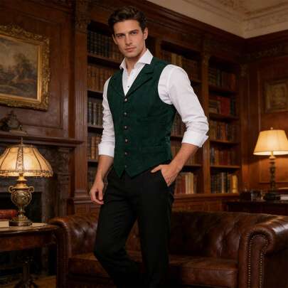 Chaleco verde oscuro de una hilera para hombres, adecuado para bodas, negocios y estilos vintage