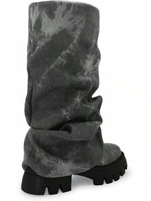 Women's Platform Round Toe Mid Calf Boots With Chunky Heel - Denim Grey - View 11