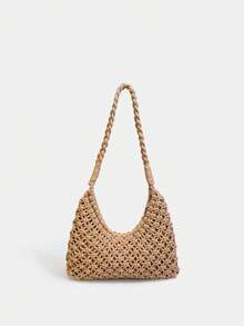 Summer Cotton Rope Woven Bag, Travel Beach Tote Basket Handbag For Women - Coffee - View 8