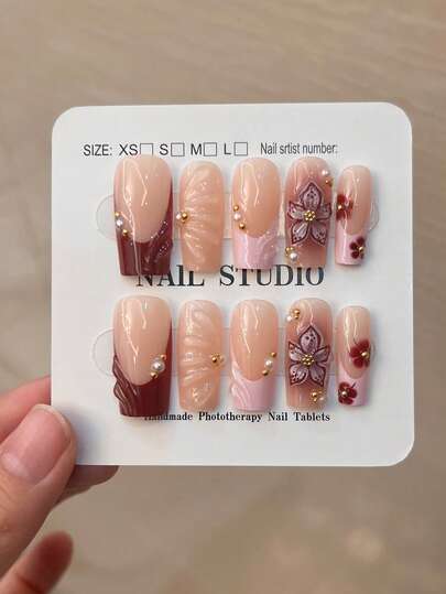 10Pcs/Set Y2K Luxury Square 3d Gel White& Pink French Tips Handmade Press On Nails With 3d Gel Golden Flower, Golden Pearl And Rhinestone Design, Pink Girl Style,Full Fit Acrylic Fake Nails, Contain 1pc Jelly Glue And 1pc Nail File, Handmade Nail Supplies Suitable For Women And Girls'daily Work, Study And Parties Use.