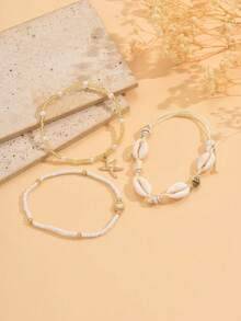 3件套夏季沙滩度假贝壳海星编织绳脚链，波西米亚风串珠珍珠合金吊坠脚链，适合休闲、沙滩、约会等场合佩戴 - 彩色 - 查看 4