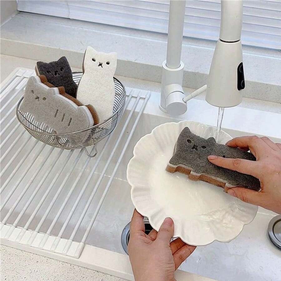 4pcs Anti-Scratch Cat Pattern Sponge Scrubber, 4 Cute Cat Designs, Versatile Kitchen Cleaning Sponge, Dish Washing Cloth, Pot Scrubber, Wipe Cloth, Compressed Dishwashing Block, Heavy Duty Cleaning Pad With Scratch-Resistant Foam, Suitable For Pots, Utensils And Surfaces, Ideal For Home Kitchen Cleaning, Halloween Gift, Random Color/Pattern