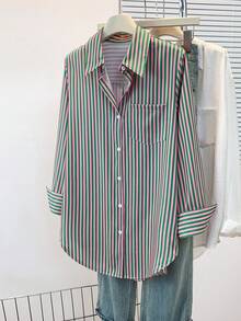 Women's Casual Basic Striped Pointed Collar Long Sleeve Shirt Blouse With Button Pockets, Suitable For Daily Office Wear, Autumn/Winter/Spring - Pink and Green Stripes - View 2