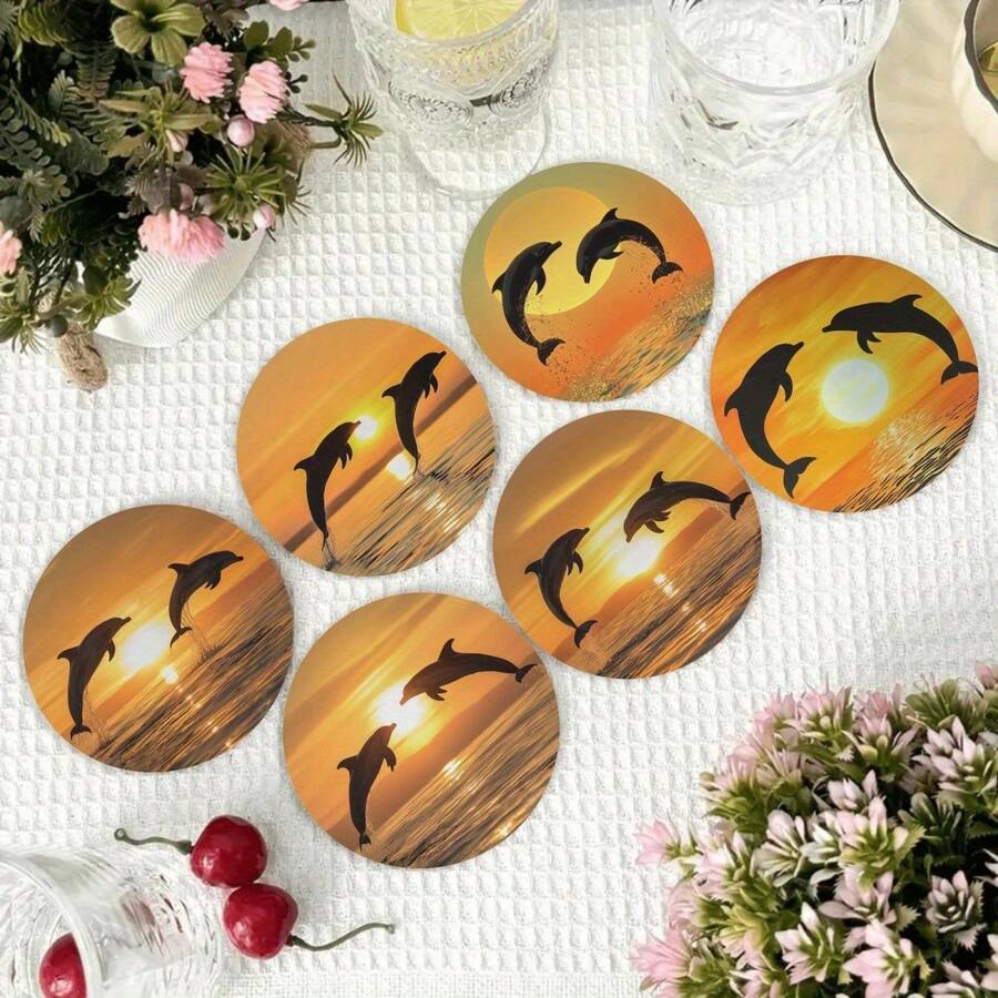 6 Peças Porta-copos Redondos com Estampa 2D de Golfinho Oceânico, Feitos de Material PET, Adequados para Pátio, Cozinha, Sala de Estar, Reuniões Domésticas, Decoração de Mesa, Ótimo Presente para Amigos e Familiares em Feriados, Casamentos, Dia das Mães, Aniversários, Acessórios para Festas - Multicolorido B - Visão 1