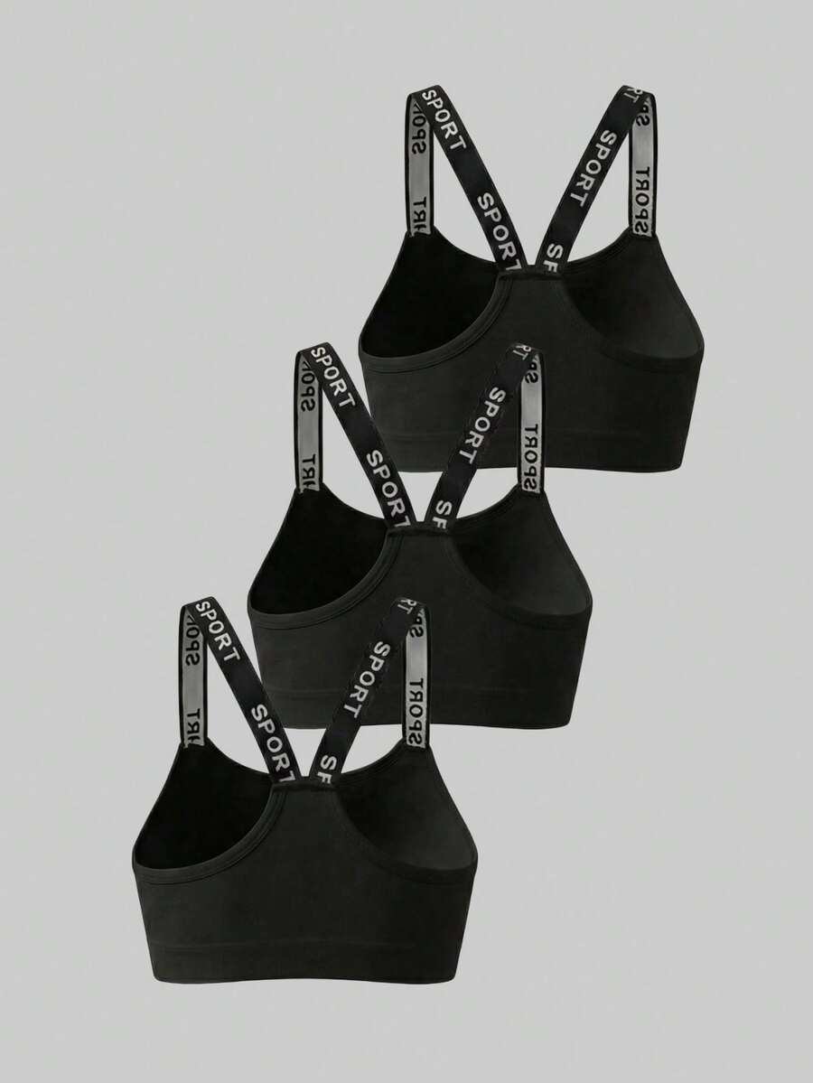 3 piezas Sujetadores tipo camiseta de estilo campus para niñas, ropa interior cómoda sin aros con tirantes con estampado de letras - Negro - Ver 1