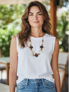 Adjustable Maxi Necklace, Brown Cord With Caramel Resins And Timeless Earth Tones - 咖啡 - 查看 2