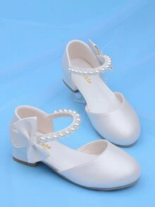 Girls' Princess Shoes White Leather Sandals Spring/Summer New High Heel Shoes With Pearl & Bow, Versatile For Party Dress Matching - White - View 6