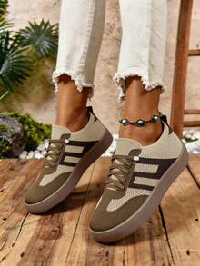 Women's Casual Versatile Striped Accent Sneakers, Women's Fashion Eye-Catching Comfortable Rubber Soft Sole Athletic Shoes, Women's Breathable Lightweight Patchwork Sports Shoes - 卡其色 - 查看 4