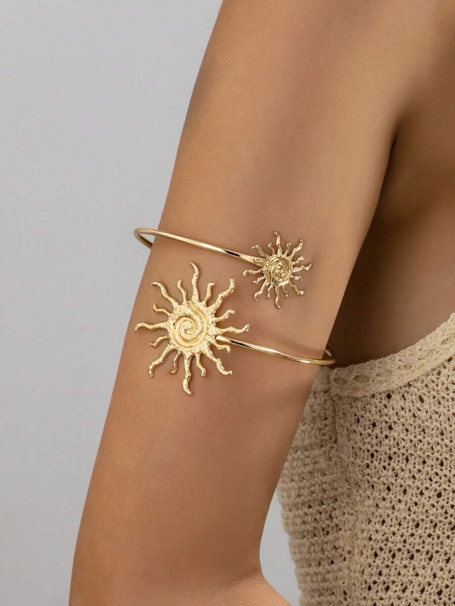 1pc Exaggerated Vintage Elegant Geometric Spiral Pattern Open Cuff Bracelet, Suitable For Beach, Party, Banquet And Daily Wear - Yellow Gold - View 1