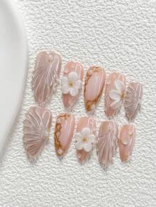 10Pcs Gentle And Elegant Style Handmade Nail Art Set,Polygel Nail Set,Pearl Nail Art Accessories,Hand Sculpted Five Petal Flowers, Water Droplets And Lines Nail Art Decorations,Light Luxury And Elegant Style,Comes With Nail Tools(1 Sheets Jelly Stickers+1PC Nail File)3 Sizes Available,Almond Nails, Duck Nails,Coffin Nails,Suitable For Reunion,Daily,Party,Photograph,Play,Spring Summer,Dating,Commute Supplies Nails - 彩色 - 查看 14