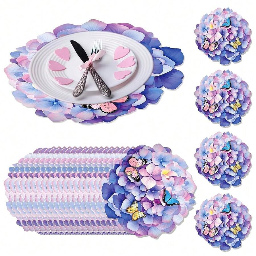 PCS Disposable Flower Placemats, Purple Hydrangea Decorative Placemats For Wedding Birthday Party Table Setting Supplies Decoration - 紫色的 - 查看 1