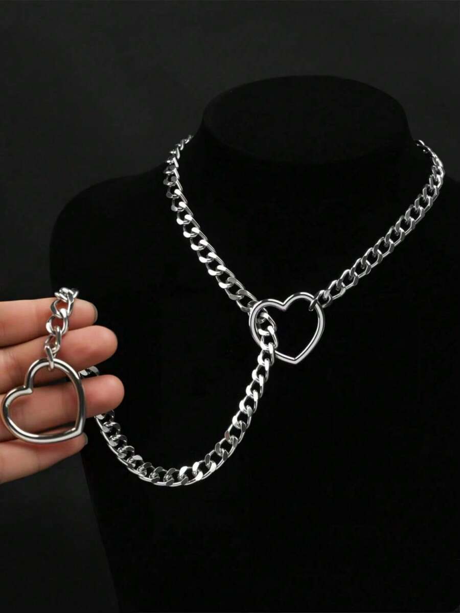 1pc Heart-Shaped Chain Choker, Lingerie Accessory, Women's Heart-Shaped Leash Necklace, Multi-Layer Tassel Necklace, Punk Metal Chain Body Jewelry Chain, Accessory For Couples, Dates, Parties And Performances - Silver - View 1