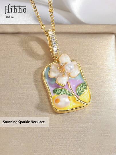Hihho 1件优雅花卉几何方形吊坠项链，奢华简约女士配饰，送给女友/闺蜜的礼物