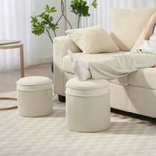 Set Of Two Storage Poufs With Lids, Round Velvet Texture: 36 X 36 X 41.5 Cm, Off-White - Beige - View 8