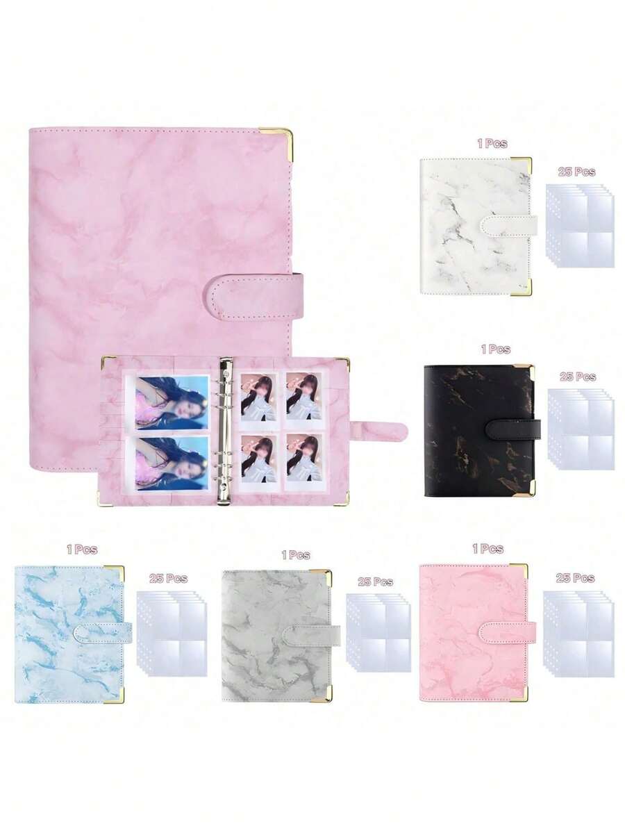 Pink Marble Style Cover + 25pcs 4-Pocket Inner Pages Photo Card Loose Leaf Album, 6-Ring A5 Binder With 100 Card Slots, PU Leather Cover With Magnetic Clasp, For Organizing Trading Cards, Photos