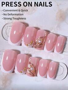 24片优雅别致的美甲贴纸，包含条纹、珍珠、金色条纹和粉色亮面，适合约会、派对、春夏秋冬日常佩戴。可卸式美甲套装包含果冻胶和指甲锉，易于佩戴且持久耐用。果冻胶颜色随机发货。 - 彩色 - 查看 4